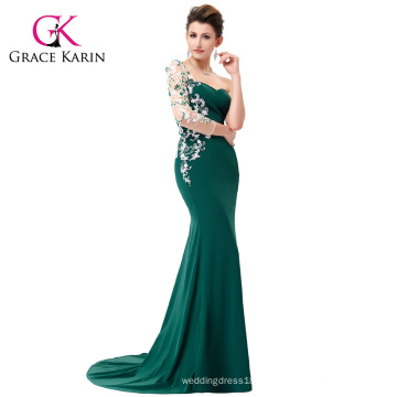 Grace Karin 2016 Comprimento do assoalho Manga asimétrica bordada Verde escuro Elegante vestido de noite GK001013-1